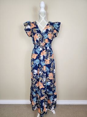 SHEIN Floral Maxi Dress Navy Blue Ruffle Flutter Sleeves Romantic Boho Medium